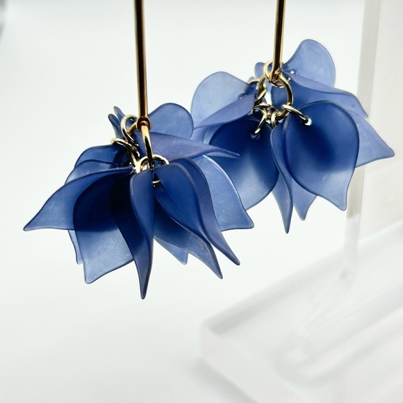 Gold and Blue Floral Dangle Earrings with Layered Design - Picture 3 of 4